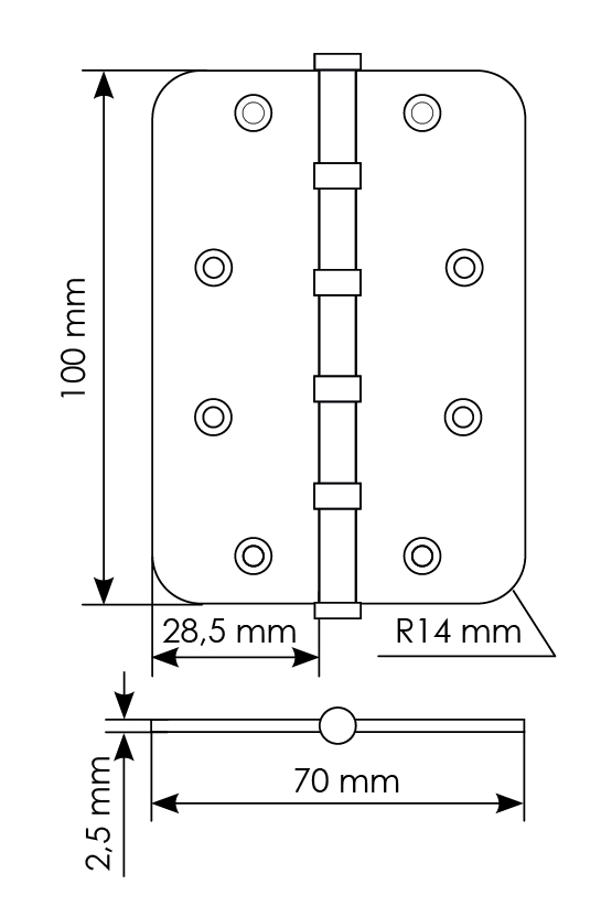 Петля стальная MSN-C 100X70X2.5-4BB SG скругленная универсальная с подшипником, вес полотна до 40 кг, цвет матовое золото фото купить в Уфе